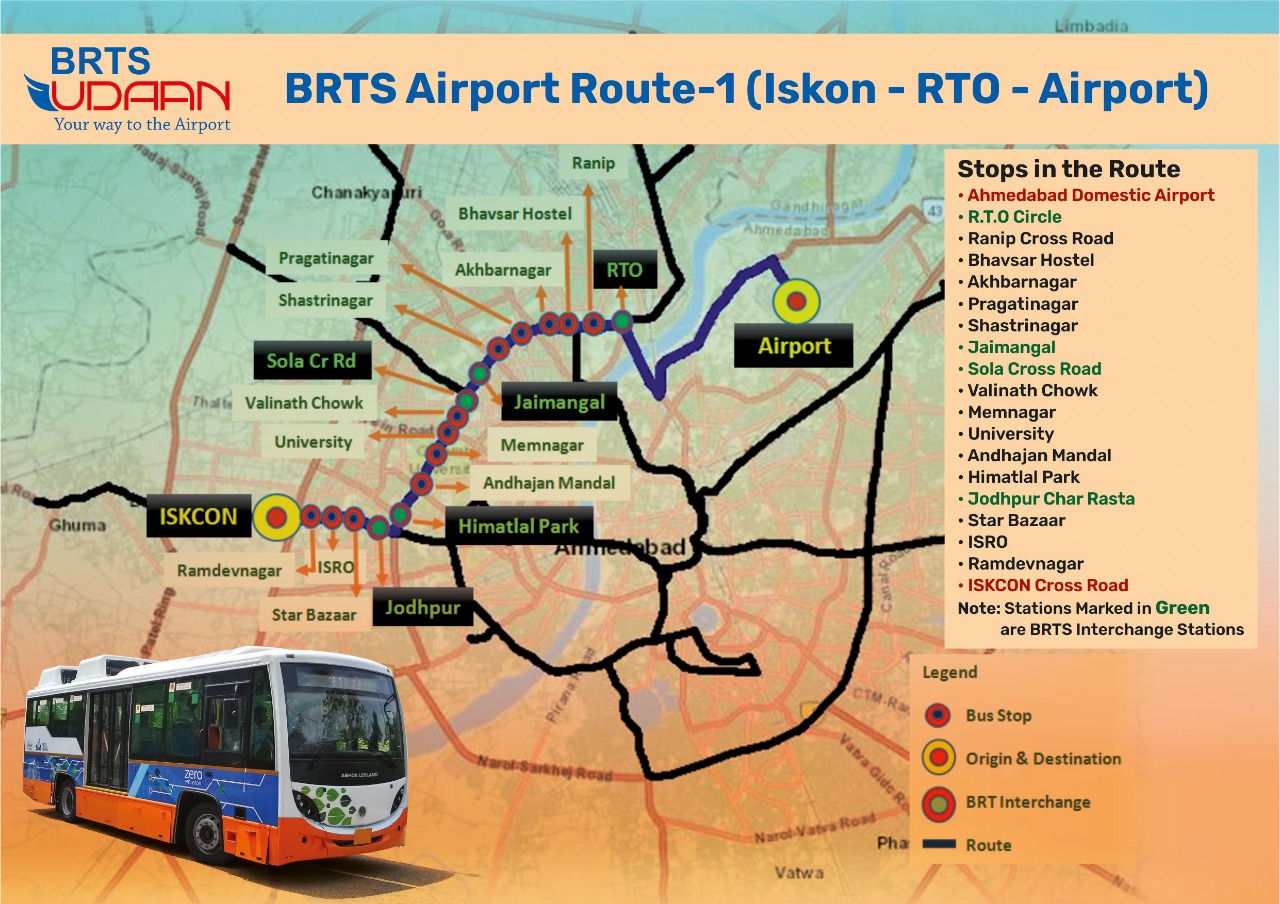 Ahmedabad Airport AC Electric BRTS UDAAN Bus Service Connecting to City Areas from October 18